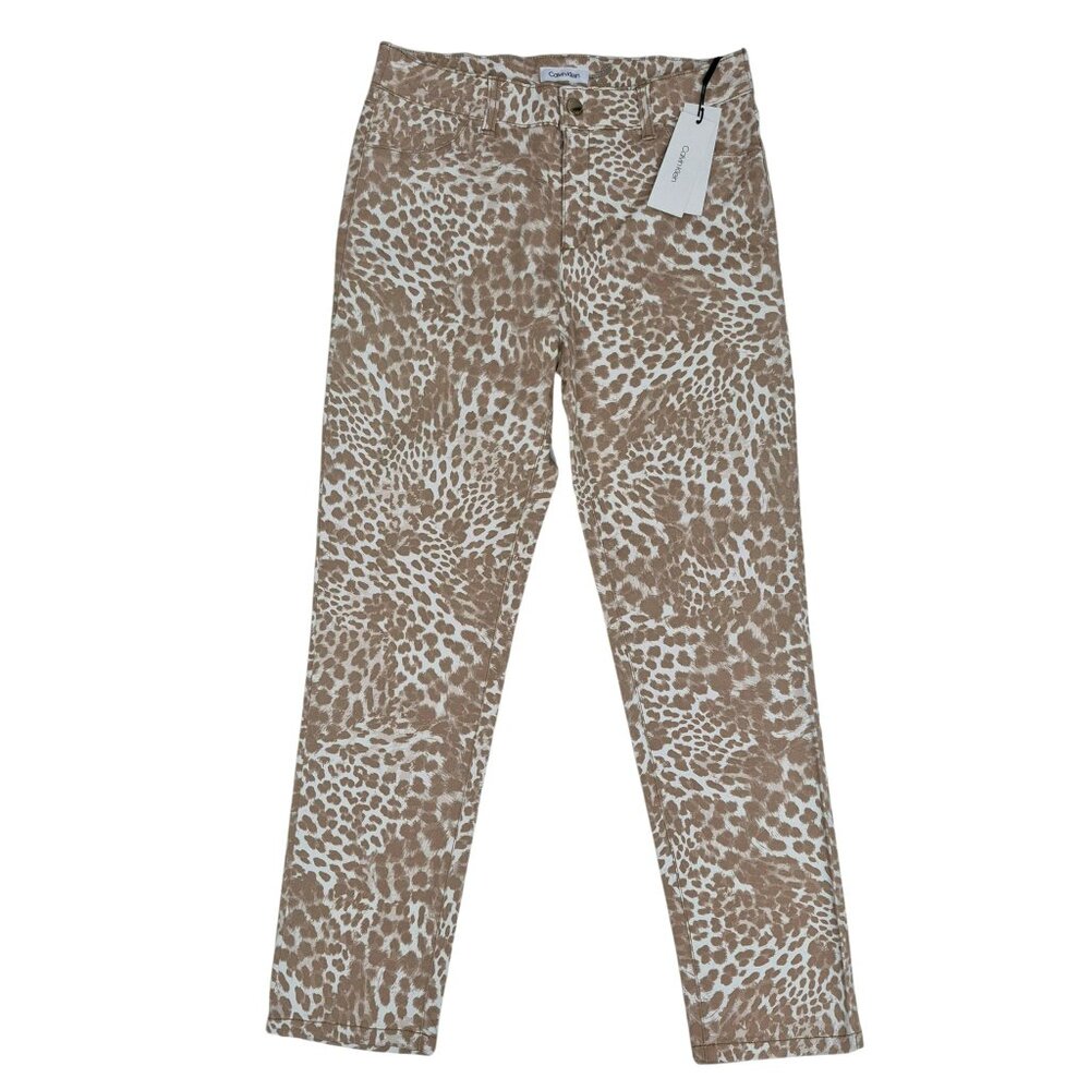 NWT Calvin Klein Women's Size 6 Jeans Cheetah Print Denim Stretch Slim Leg Beige